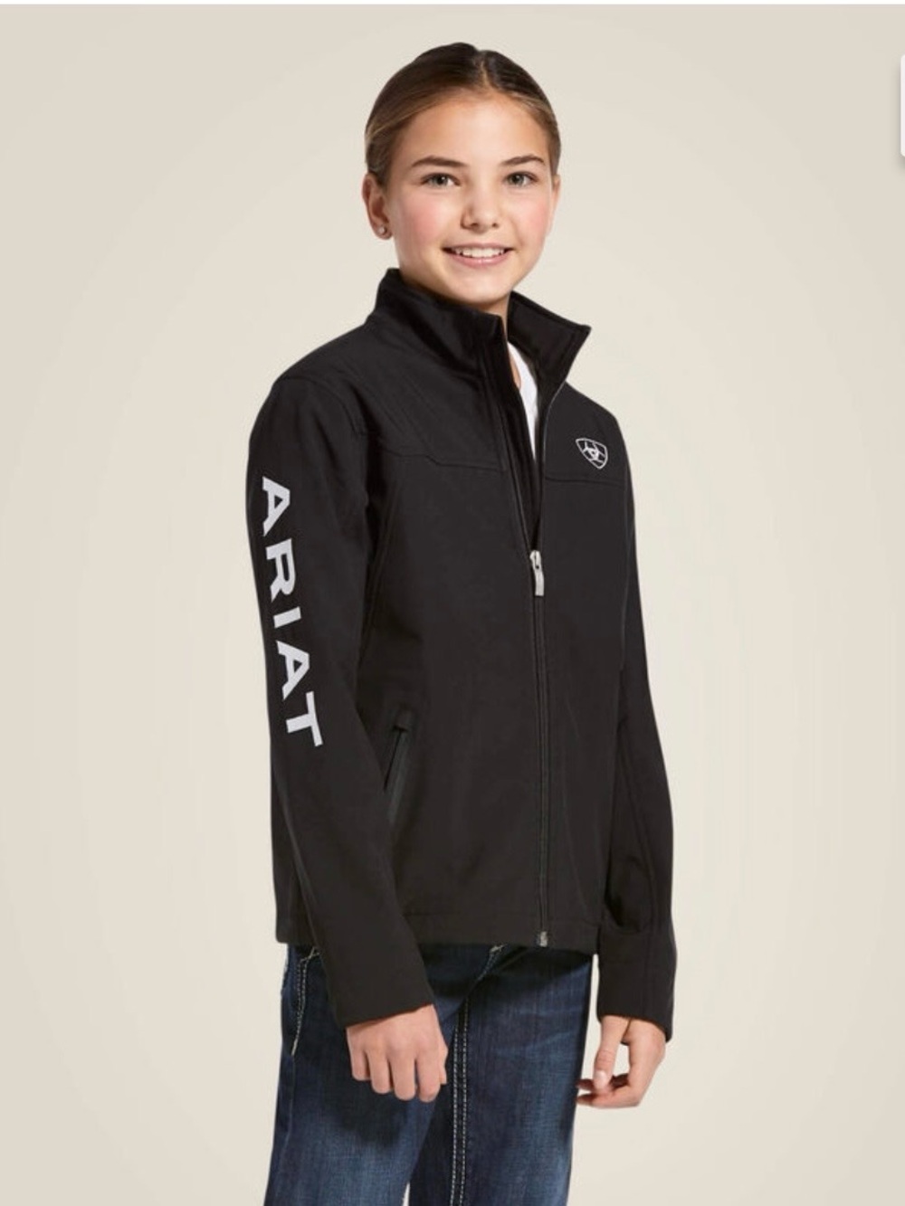 Ariat Kids Black Softshell Full-Zip Jacket with Sleeve Logo